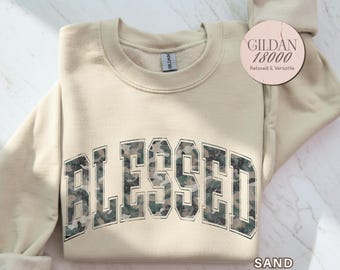 Blessed Camo Sweatshirt Christian Pullover Faith Top Spiritual Outfit Religious Inspiration Shirt Meaningful Gift Idea for Believer Family