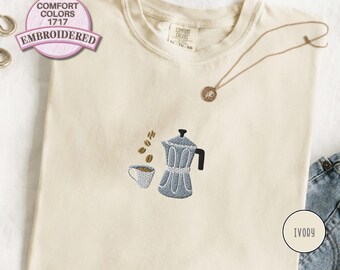 Embroidered Coffee Moka Pot T-Shirt Cute Espresso Tee Minimalist Cafe Aesthetic Cozy Casual Outfit Barista Drink Shirt Gift for Coffee Lover