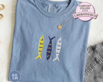 Embroidered Sardine Fishing Shirt Coastal Embroidery Tee Cute Ocean Animal Top Fishing Aesthetic Sea Lover Gift Retro Nautical Graphic Shirt