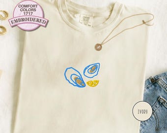 Embroidered Oyster T-Shirt Cute Coastal Foodie Tee Lemon Seafood Embroidery Gift for Her Him Nautical Beach Lover Vacation Summer Shirt