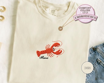 Embroidered Lobster Shirt Maine Coastal T Shirt Funny Seafood Tee Coastal Vacation Gift for Seafood Lover Beach Nautical Ocean Summer Shirt