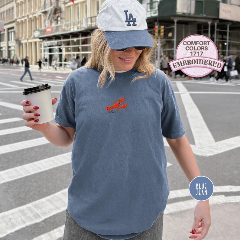 Embroidered Lobster Shirt Maine Coastal T Shirt Funny Seafood Tee Coastal Vacation Gift for Seafood Lover Beach Nautical Ocean Summer Shirt Blue Jean