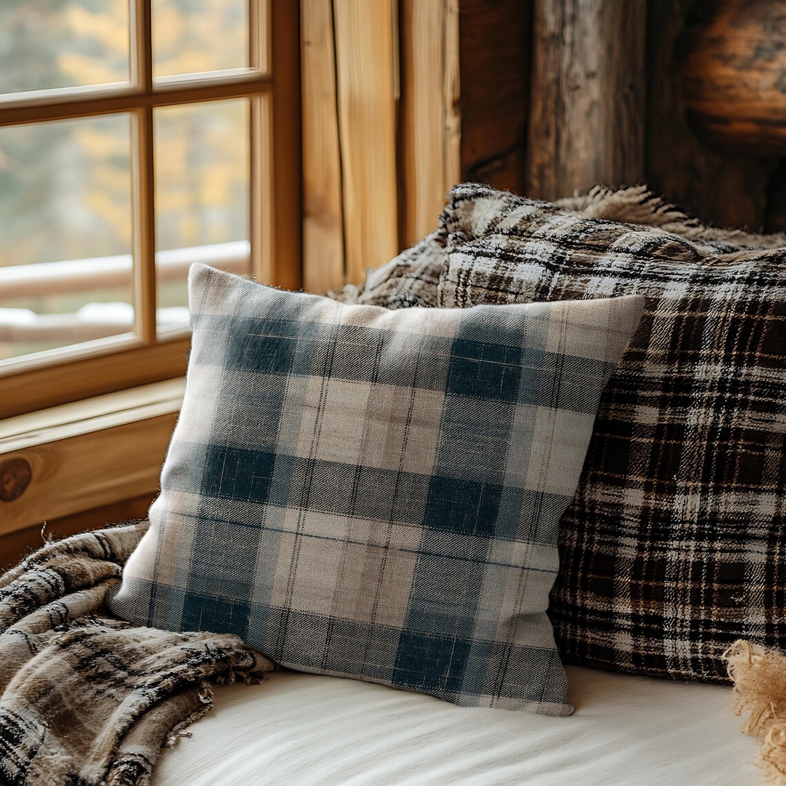 View of Rustic Plaid Pillow Cozy Farmhouse Cushion Navy Beige Check Throw ...