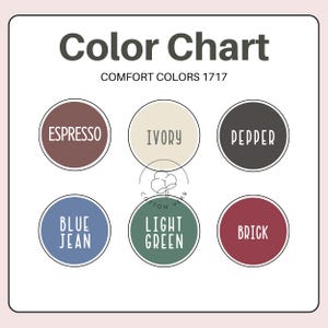 Puede incluir: Una carta de colores con el texto "Color Chart" y "Comfort Colors 1717". La carta muestra seis muestras de color etiquetadas como "Espresso", "Ivory", "Pepper", "Blue Jean", "Light Green" y "Brick".