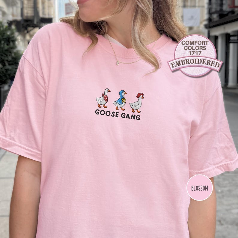 Embroidered Goose Gang T Shirt Funny Goose Embroidery Animal Tee Casual Outfit Gift for Friends Family Matching Group Farm Cottagecore Tee Blossom