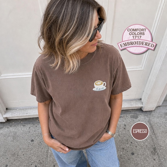 Embroidered Coffee Cup T Shirt Minimal Latte Embroidery Cafe Lover Tee Casual Outfit Espresso Shirt Gift for Coffee Lover Friend Home Cafe