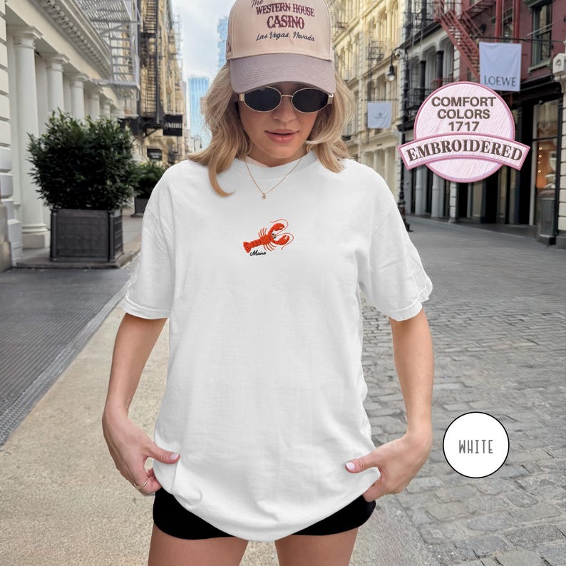 Embroidered Lobster Shirt Maine Coastal T Shirt Funny Seafood Tee Coastal Vacation Gift for Seafood Lover Beach Nautical Ocean Summer Shirt Vit