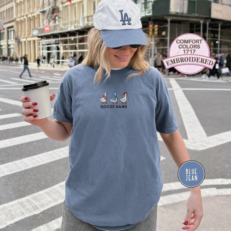 Embroidered Goose Gang T Shirt Funny Goose Embroidery Animal Tee Casual Outfit Gift for Friends Family Matching Group Farm Cottagecore Tee Blue Jean
