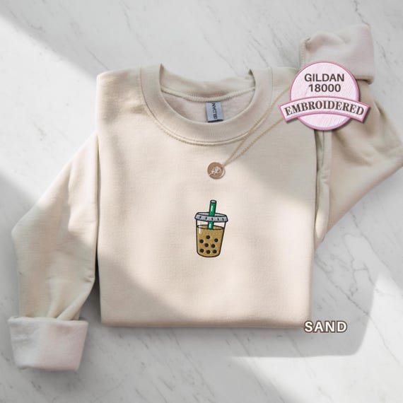 Embroidered Boba Tea Sweatshirt Minimal Bubble Tea Embroidery Cozy Crewneck Casual Pullover Gift for Boba Lover Cafe Drink Fan Everyday Top
