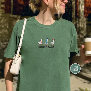 Embroidered Goose Gang T Shirt Funny Goose Embroidery Animal Tee Casual Outfit Gift for Friends Family Matching Group Farm Cottagecore Tee Light Green