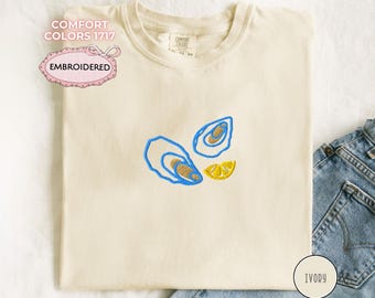 Embroidered Oyster T-Shirt Cute Coastal Foodie Tee Lemon Seafood Embroidery Gift for Her Him Nautical Beach Lover Vacation Summer Shirt