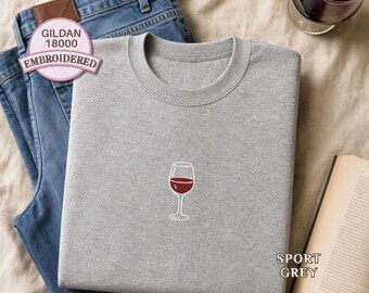 Sudadera bordada con copa de vino, regalo para amantes del vino, suéter de cuello redondo para despedida de soltera, conjunto a juego con amigas, jersey para club de lectura.