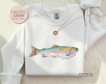 Rainbow Trout Sweatshirt Fishing Pullover Watercolor Fish Shirt Outdoors Nature Lover Top Lake Life Crewneck Angler Gift for Fisherman Dad