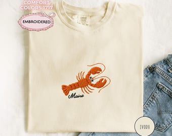 Embroidered Maine Lobster Shirt Cute Coastal Comfort Colors T Shirt Funny Sea Animal Top New England Tee Coastal Vacation Gift Seafood Lover