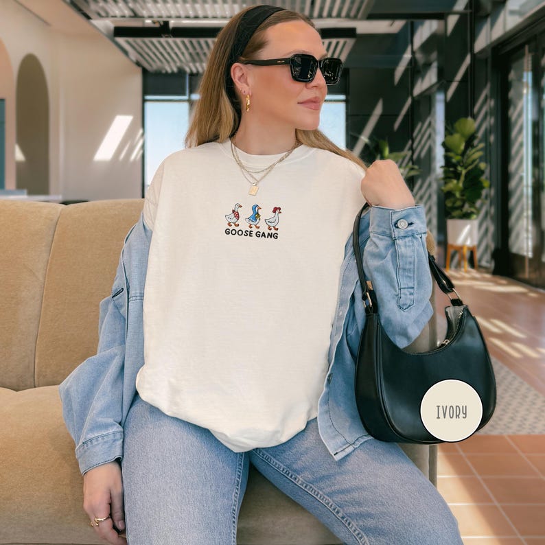 Embroidered Goose Gang T Shirt Funny Goose Embroidery Animal Tee Casual Outfit Gift for Friends Family Matching Group Farm Cottagecore Tee Ivory