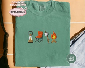 Cute Embroidered Camping Shirt Comfort Colors Campfire T Shirt Outdoor Adventure Tee Gift for Camper Outdoor Lover Nature Embroidery Top