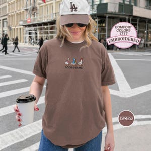 Embroidered Goose Gang T Shirt Funny Goose Embroidery Animal Tee Casual Outfit Gift for Friends Family Matching Group Farm Cottagecore Tee Espresso