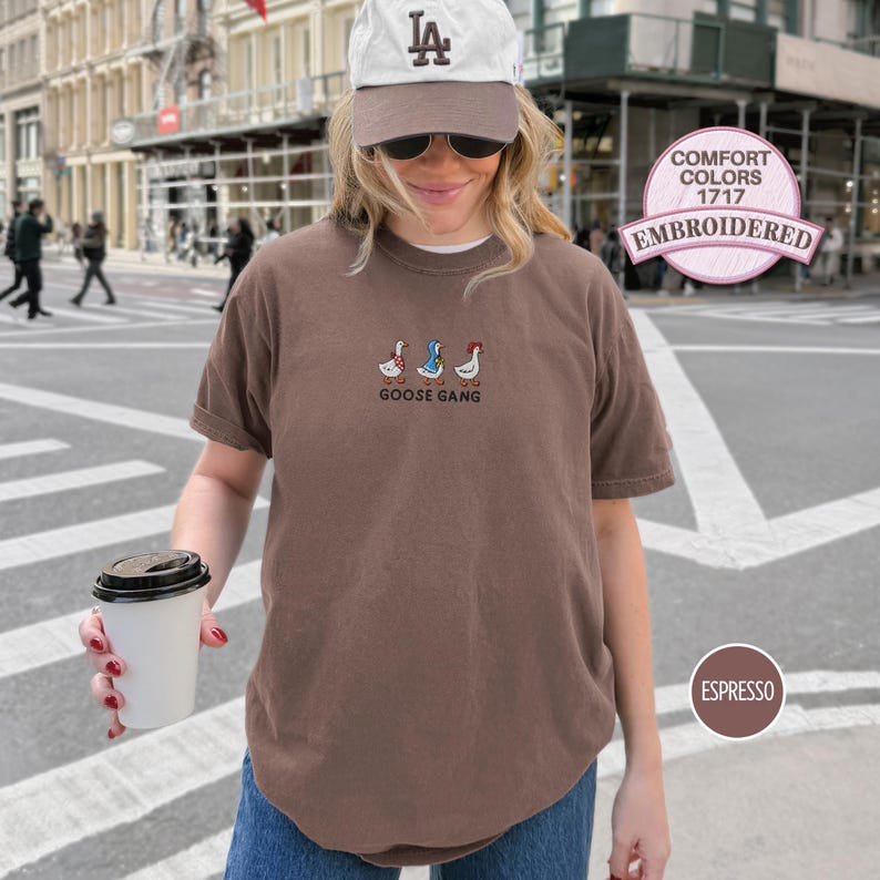 Embroidered Goose Gang T Shirt Funny Goose Embroidery Animal Tee Casual Outfit Gift for Friends Family Matching Group Farm Cottagecore Tee Espresso
