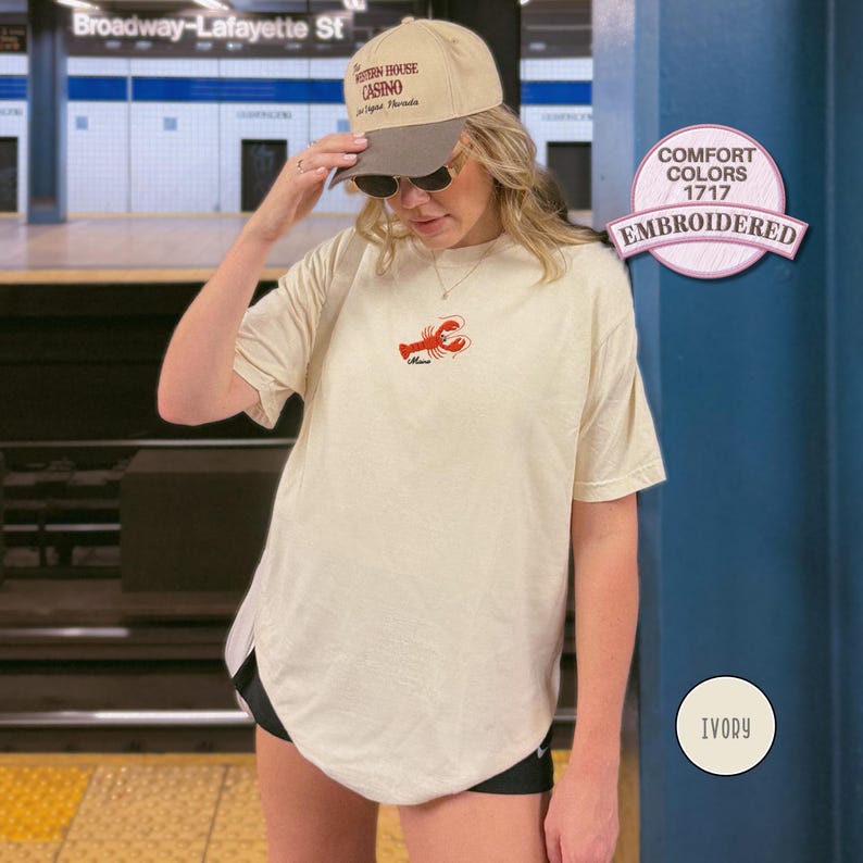 Embroidered Lobster Shirt Maine Coastal T Shirt Funny Seafood Tee Coastal Vacation Gift for Seafood Lover Beach Nautical Ocean Summer Shirt Ivory