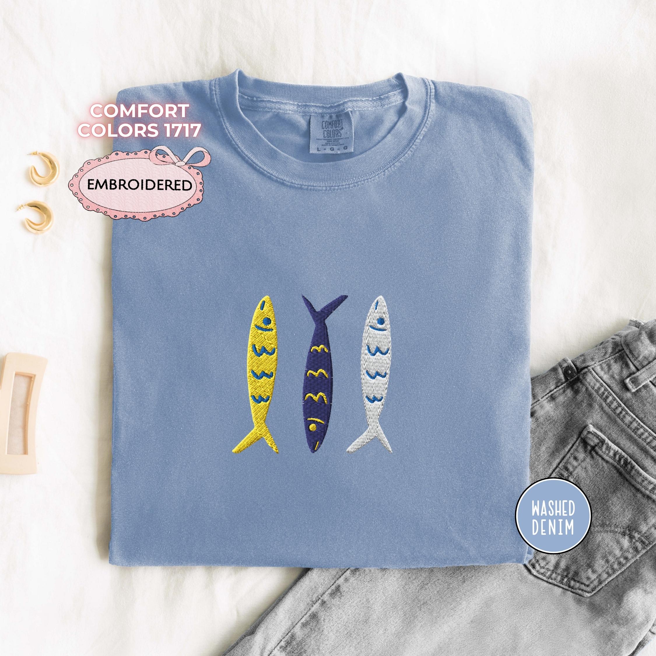 Sardine Embroidered Shirt Comfort Colors T Shirt Fish Lover Tee Fishing Aesthetic Gift Ocean Animal Tee Coastal Retro Embroidered Shirts