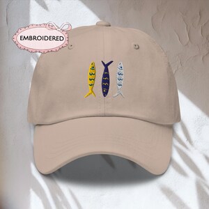 Embroidered Sardine Trio Dad Hat Coastal Embroidery Baseball Cap Cute Fish Hat Gift for Her Him Ocean Lover Beach Aesthetic Vacation Cap