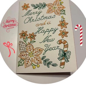 Handcrafted  Christmas Card Embroidered , Holiday Greeting Cards ,