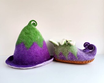 Felted wool Elf slippers, house booties and Elf sauna hat, green and purple