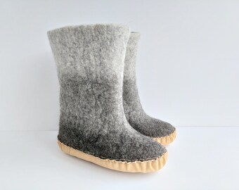 Hand felted grey organic wool high top felted slippers, snow boots transition grey colors Women size US 10, Men size US 9, ready to ship