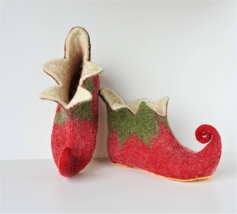 Red Green Felted Elf Slippers With Rubber Soles Women Men Etsy
