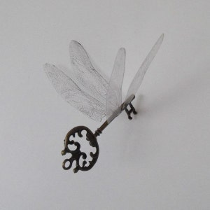 Flying winged key with dragonfly wings in antique brass - ASCFDF