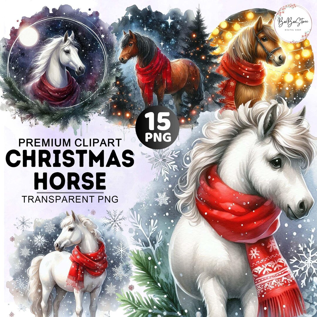 15 Winter Horse Clipart Bundle, Watercolor Christmas Horse Clipart ...