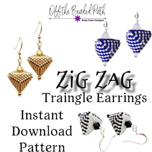 May include: Image features three pairs of beaded earrings in gold, blue and white, and black and white. The earrings are in a zig-zag triangle shape. Text on the image reads "Off the Beaded Path" and "ZIG ZAG Traingle Earrings Instant Download Pattern."