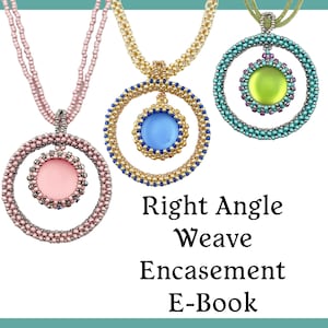 May include: Three necklaces with circular pendants made using right angle weave beading. The pendants feature a smaller circle inside a larger circle, with a cabochon stone in the center of each. The necklaces are in pink, gold, and turquoise.