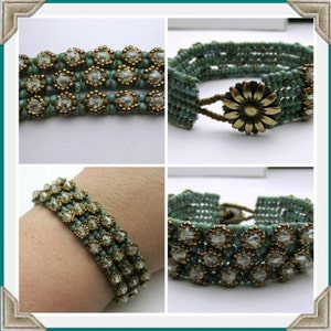 May include: A multi-strand bracelet with green and gold beads and a large flower charm. The bracelet is shown on a wrist and laid flat.