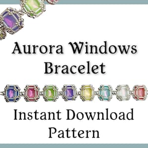 Puede incluir: Una pulsera colorida con cuentas cuadradas e iridiscentes en tonos azules, rosas, verdes, morados, amarillos y blancos. El texto "Aurora Windows Bracelet" y "Instant Download Pattern" se muestra en negro.