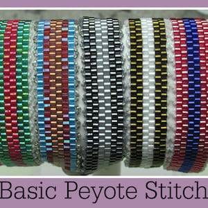 May include: A collection of colorful beaded bracelets made using the basic peyote stitch. The bracelets feature various color combinations, including green, red, blue, white, and black.