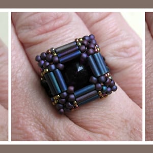 Könnte beinhalten: Drei quadratische Ringe mit verschiedenen Edelsteinen. Der erste Ring hat einen braunen Edelstein, der zweite Ring hat einen schwarzen Edelstein und der dritte Ring hat einen blauen Edelstein.