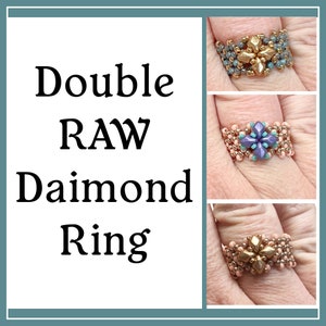 May include: Three beaded rings with a double raw diamond design. The rings are in shades of gold, pink, and blue.