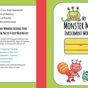 May include: A green, yellow, and red monster with three eyes and a toothy grin on a green background. The text "My Monster Math Enrichment Workbook" is in black and white. The text "Grade 2" is in a red square.