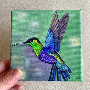Mini Painting of HUMMINGBIRD Hand painted Peinture Little Hummingbird original acrylic art 12/12cm Miniature Artwork Hummingbird