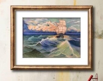 Pintura al pastel de un barco en un mar tempestuoso. Pintura costera. Obra de arte de paisaje marino.
