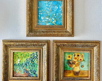 Handgeschilderde Van Gogh-replicaminiaturen: ingelijste acrylschilderij set van irissen, amandelbloesem en zonnebloemen