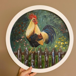 手描きの丸い雄鶏のアートアクリルラウンドキャンバスファームハウスキッチン装飾鶏の絵雄鶏の絵素朴なスタイル額入り