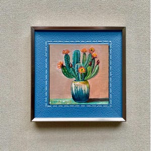 Mini peinture cactus 10 x 10 cm Art mural acrylique sur petite toile Cactus floral coloré dans un pot Habd peinture miniature