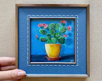 Mini pintura "Tiny Cactus Delight": obra de arte acrílica en miniatura pintada a mano (10 x 10 cm)