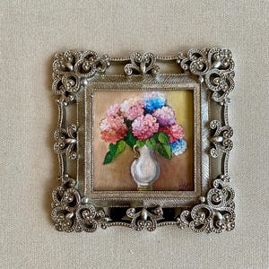 Mini acrylic painting of hydrangeas 10/10 Collectible hand painted miniature Vintage style frame  Handmade art Floral painting