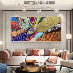 Levendig abstract muurdecor Handgemaakt horizontaal schilderij Handgeschilderde abstracte schoonheid Uniek muurdecor voor je ruimte Interieurschilderij
