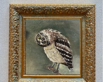 Mini quadro incorniciato di gufo 10/10 cm. Mini quadro di uccello