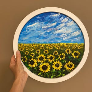 Sunflower Oil painting Field of sunflowers on Round Panel Canvas 30cm Hand painted peinture of Palette Knife technique Floral Wall art
