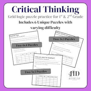 May include: A set of printable logic puzzles for 1st and 2nd grade students. The puzzles include a variety of themes, such as favourite toys, breakfast foods, and daily activities. The puzzles are designed to help students develop critical thinking skills, such as problem-solving, reasoning, and deduction.